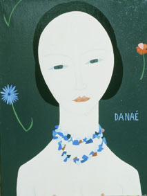 1977. personnage avec collier bleu. Danaé. huile sur toile. collection privée. Balbigny