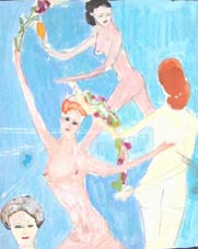 michel ducruet, danse  fond bleu, blue background dance drawing, circa 1970