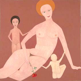 nu maternel, deux enfants, huile sur bois, 100x100 cm