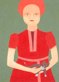 Diane Ducruet a la robe rouge et au petit chat. Saint-Mards-de-Fresne 1977. huile sur bois.
